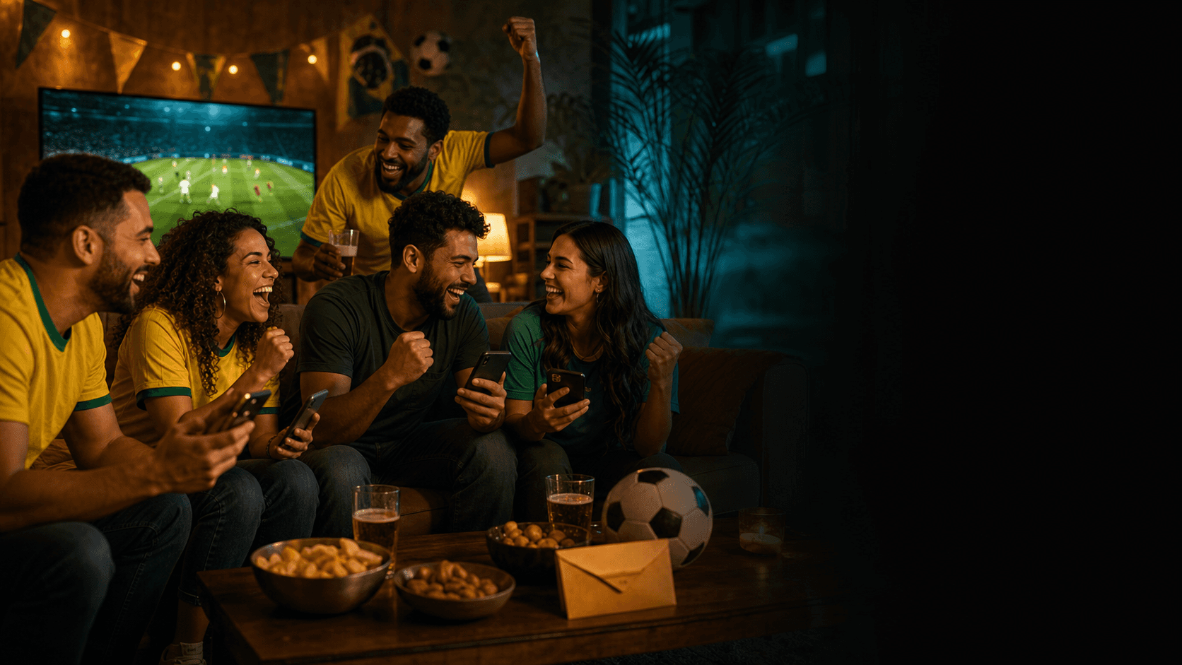 Torcida reunida assistindo a Copa do Mundo e acompanhando um bolão online