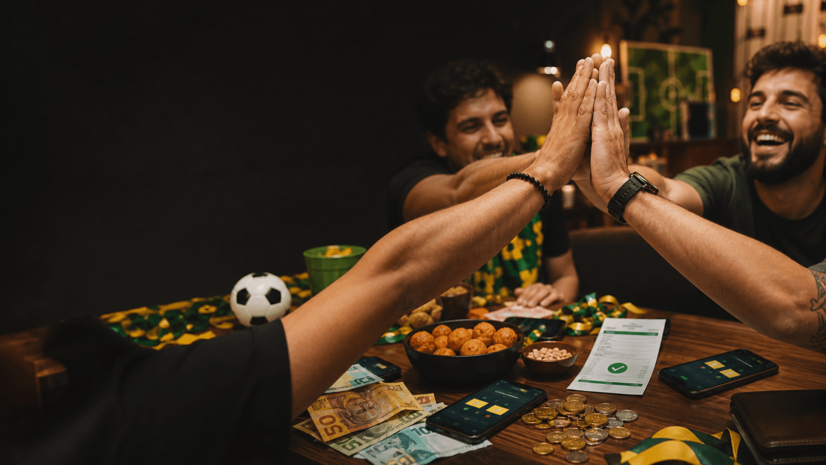 Amigos organizando bolão da Copa com premiação combinada