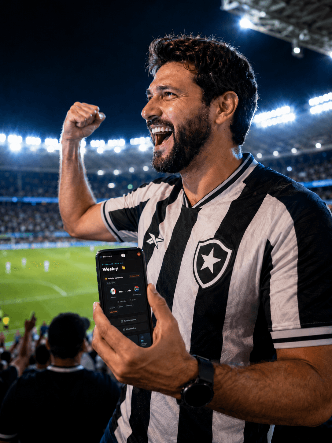 Participante feliz usando o app de bolão da Copa no celular