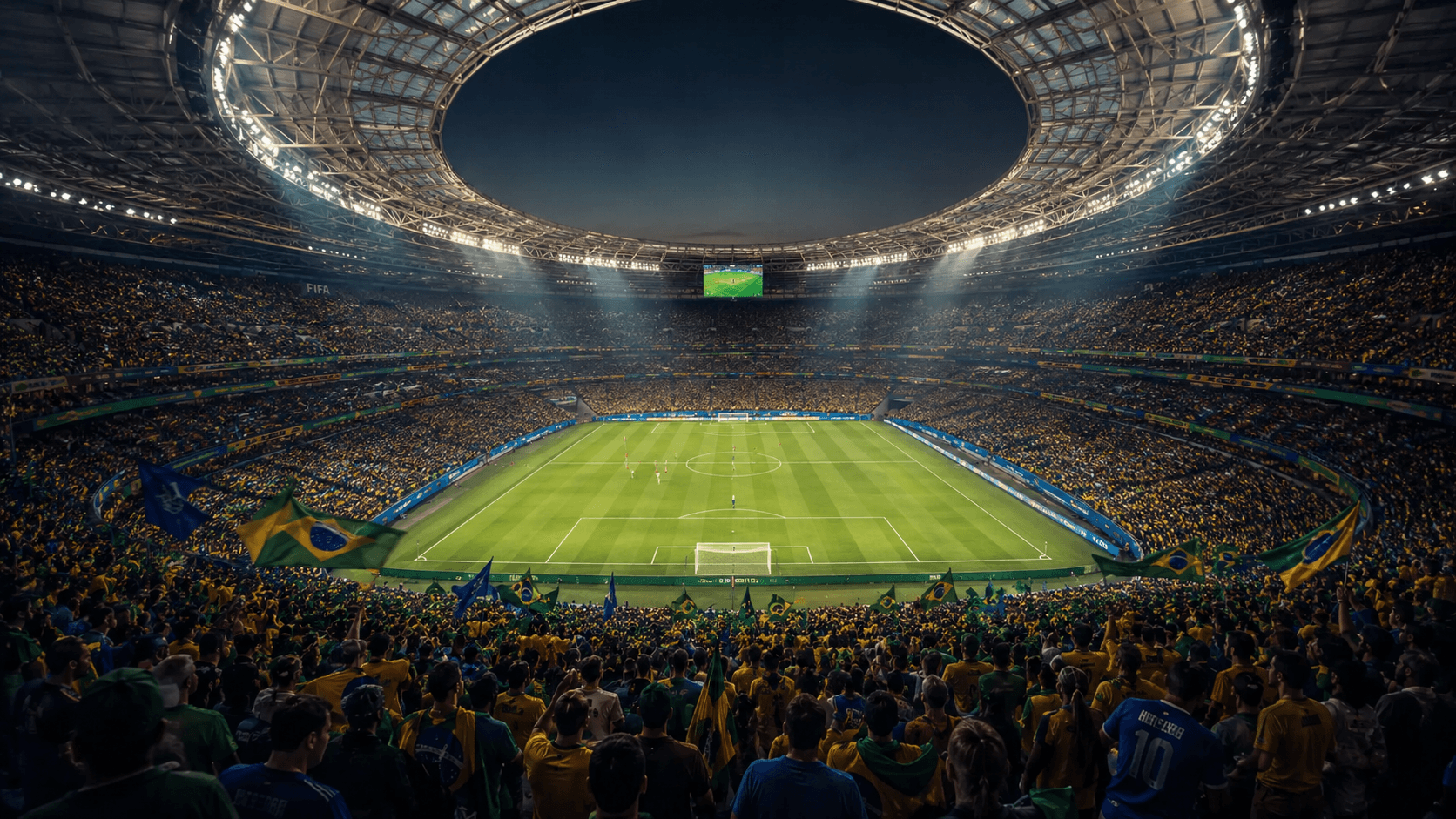 Campo de futebol preparado para partida internacional